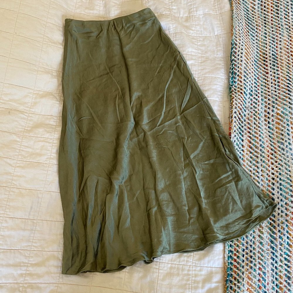Olive Green Silk Midi Skirt